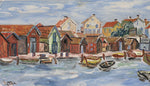 Mid Century Harbor Scene Original Vintage Oil Painting from Sweden