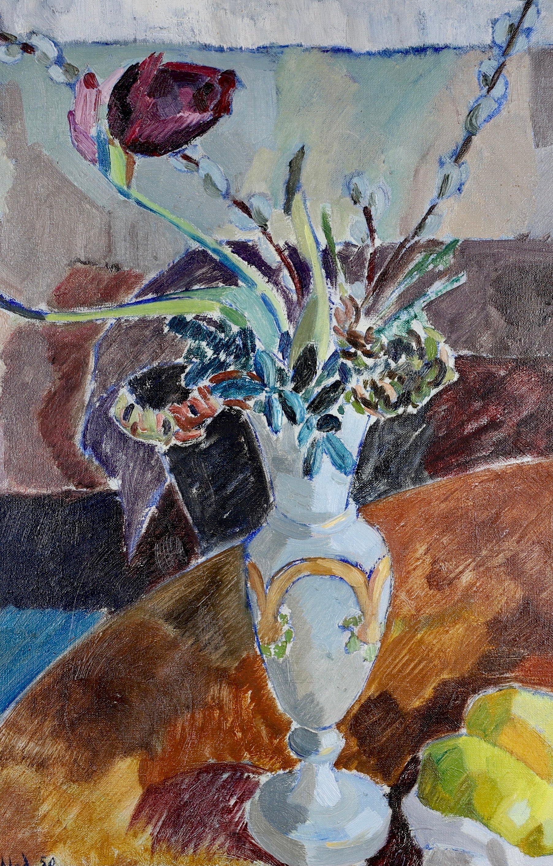 Mid Century Original Still Life Oil Painting By H Lindblad From Sweden 1950