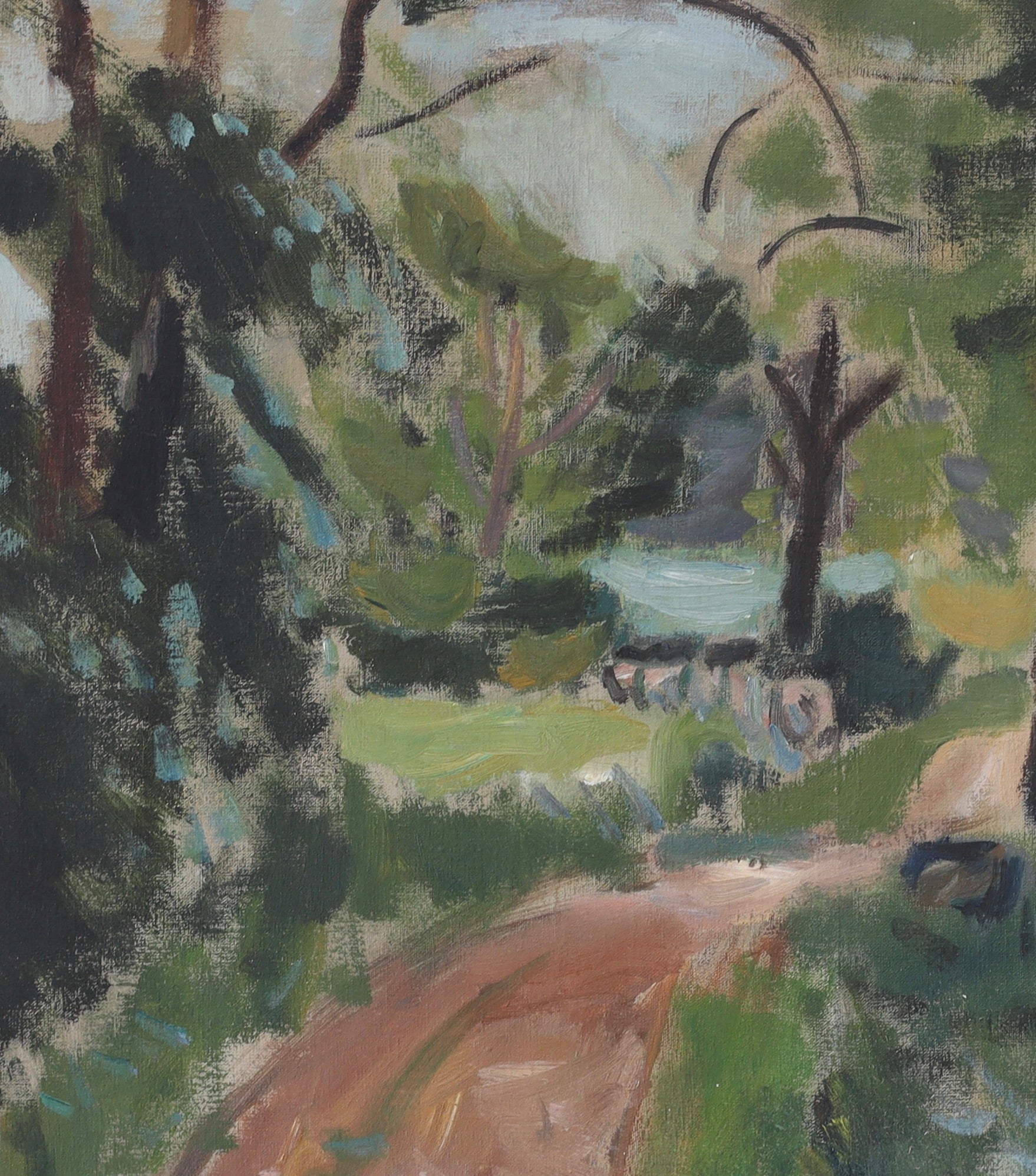 Large Mid Century Oil Painting Landscape by Svän Grandin From Sweden