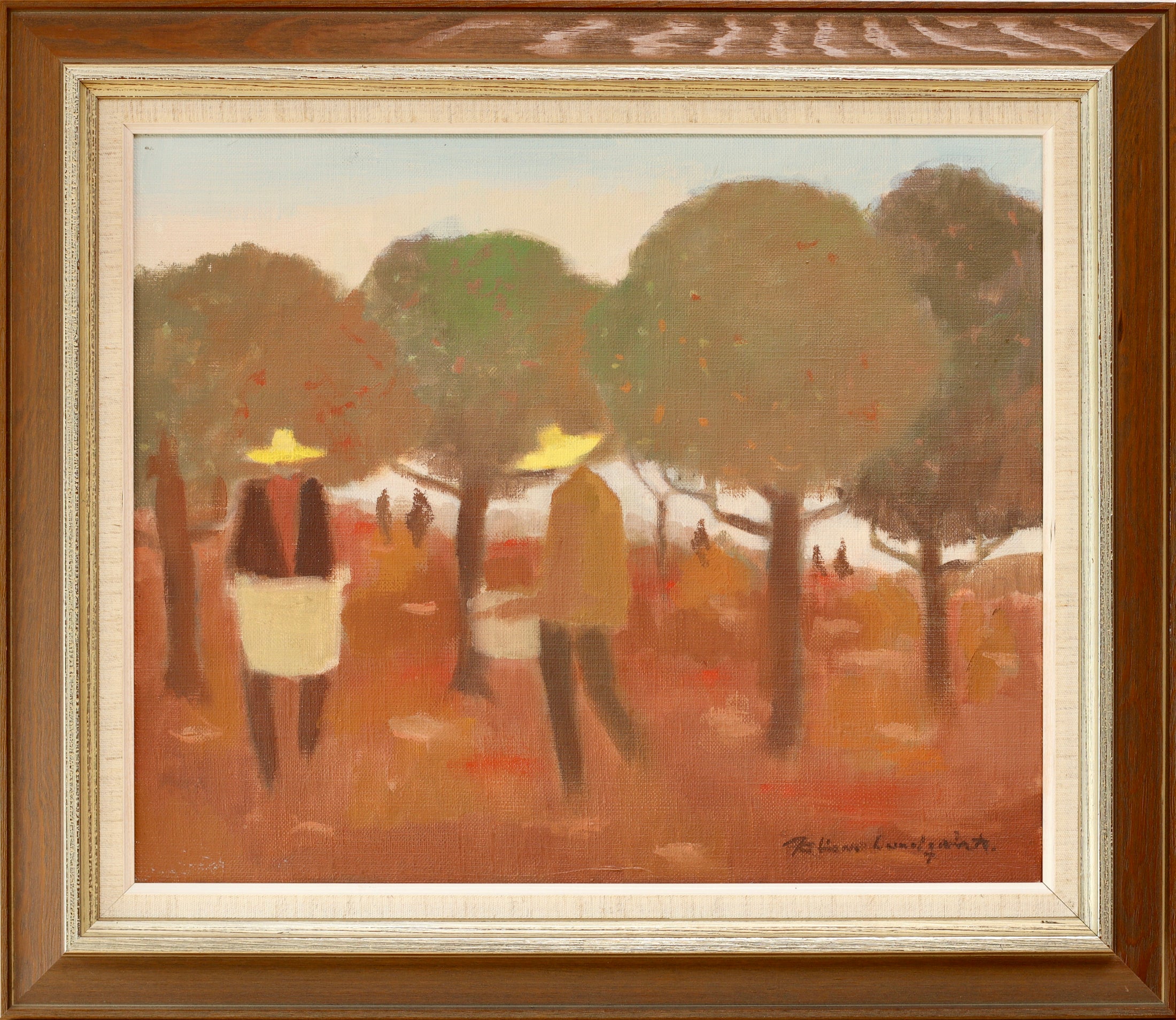 Mid Century Oil Painting of Fruit Pickers By Fabian Lundqvist From Sweden