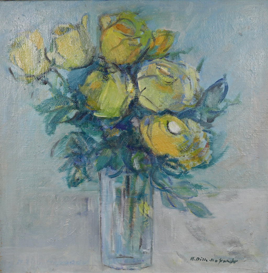 Original Mid Century Still Life Oil Painting Yellow Roses from Sweden