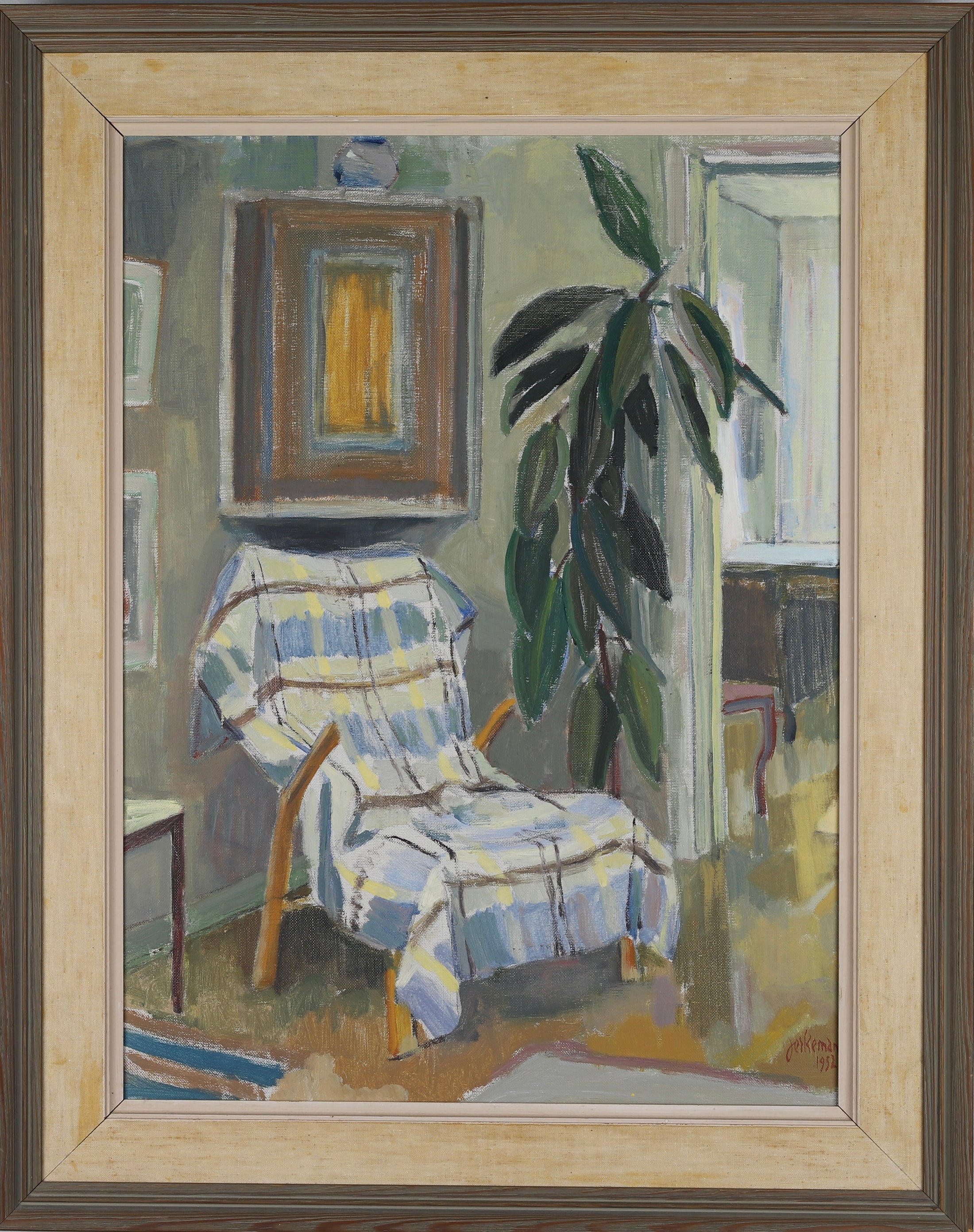 Mid Century Interior Oil Painting by I Jerkeman From Sweden