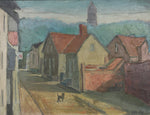 Oil Painting Vintage Mid Century Cityscape with Animal From Sweden