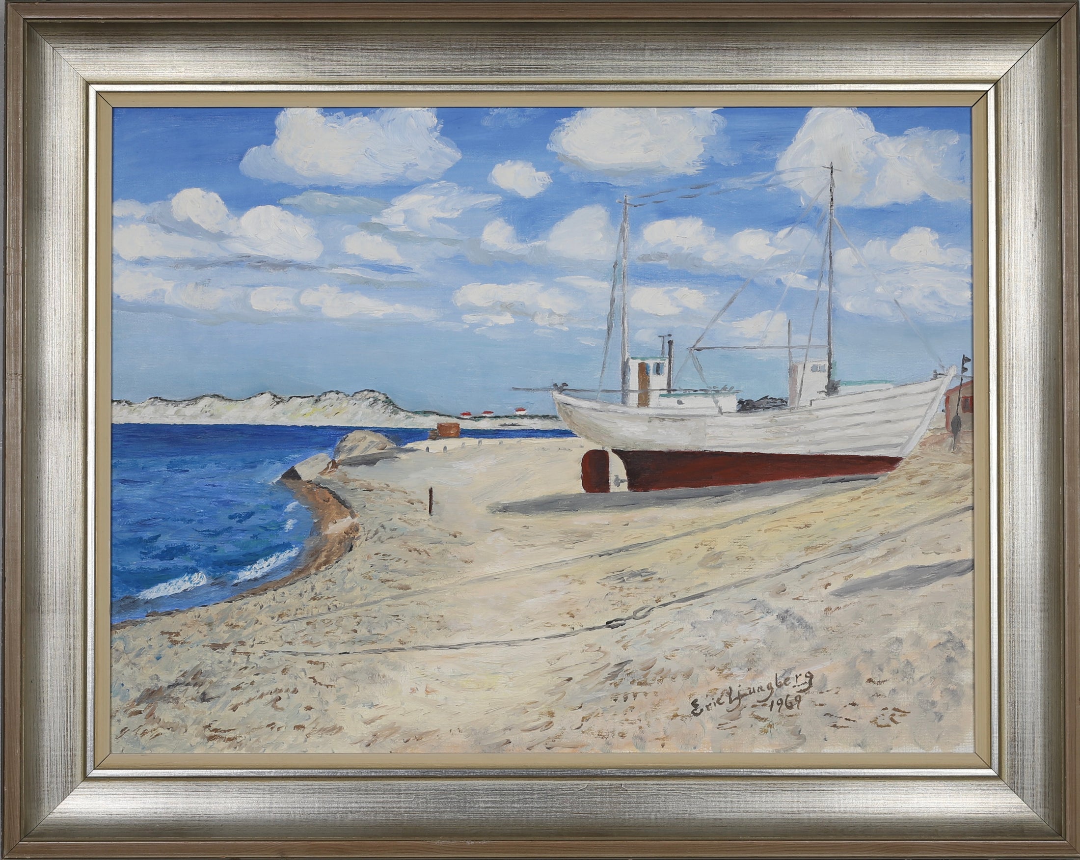 Mid Century Original Coastal Oil Painting From Sweden by E Ljungberg 1969