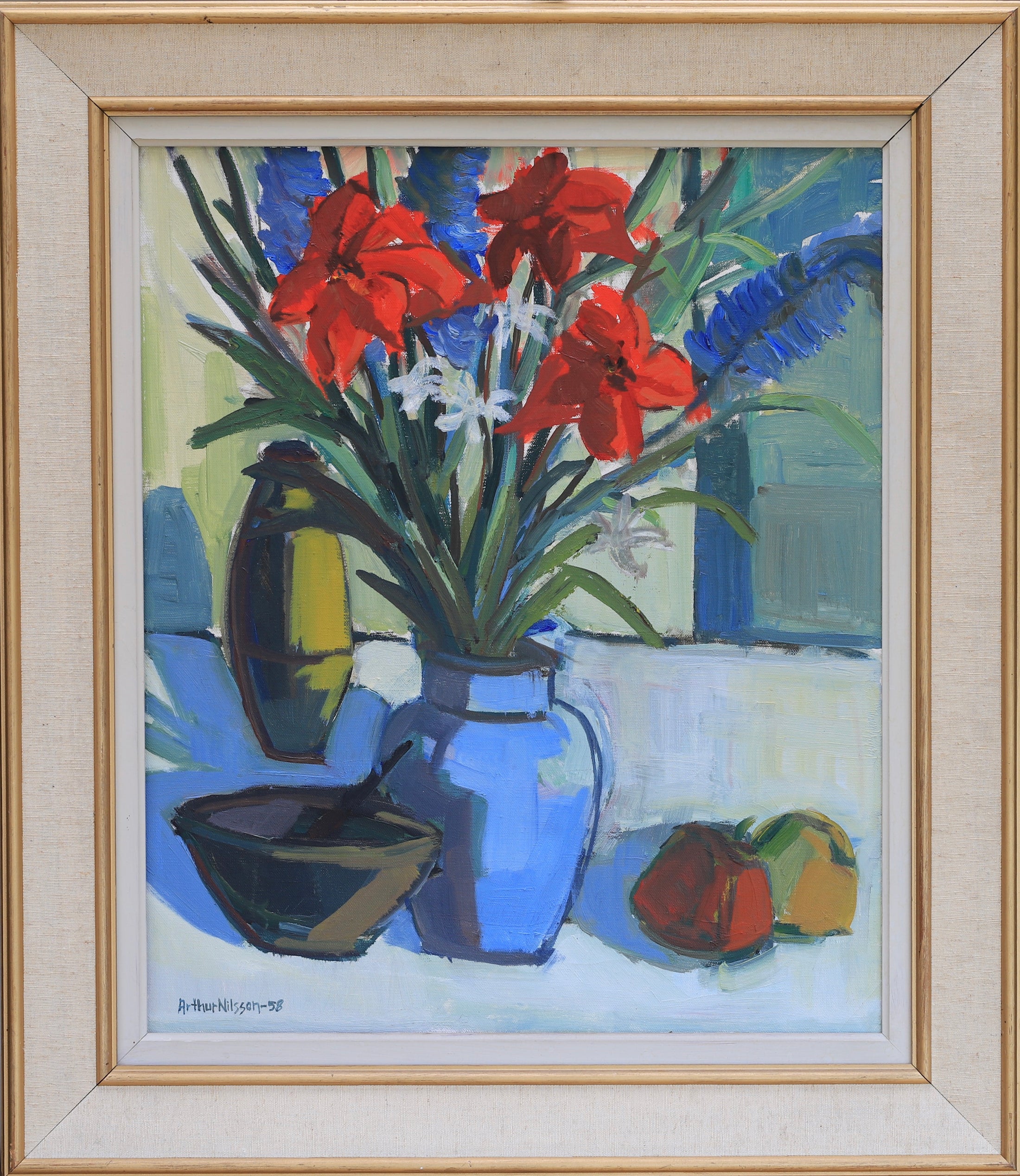 Mid Century Original Still Life Oil Painting by Arthur Nilsson Sweden 1958
