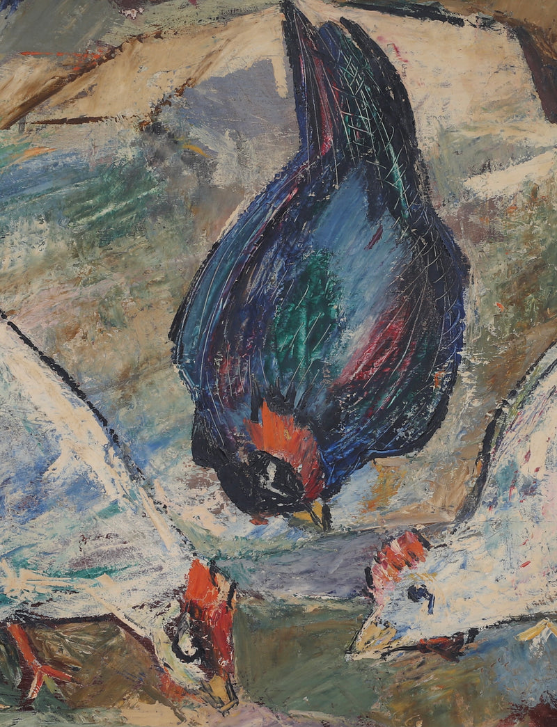 Mid Century Chicken Oil Painting From Sweden