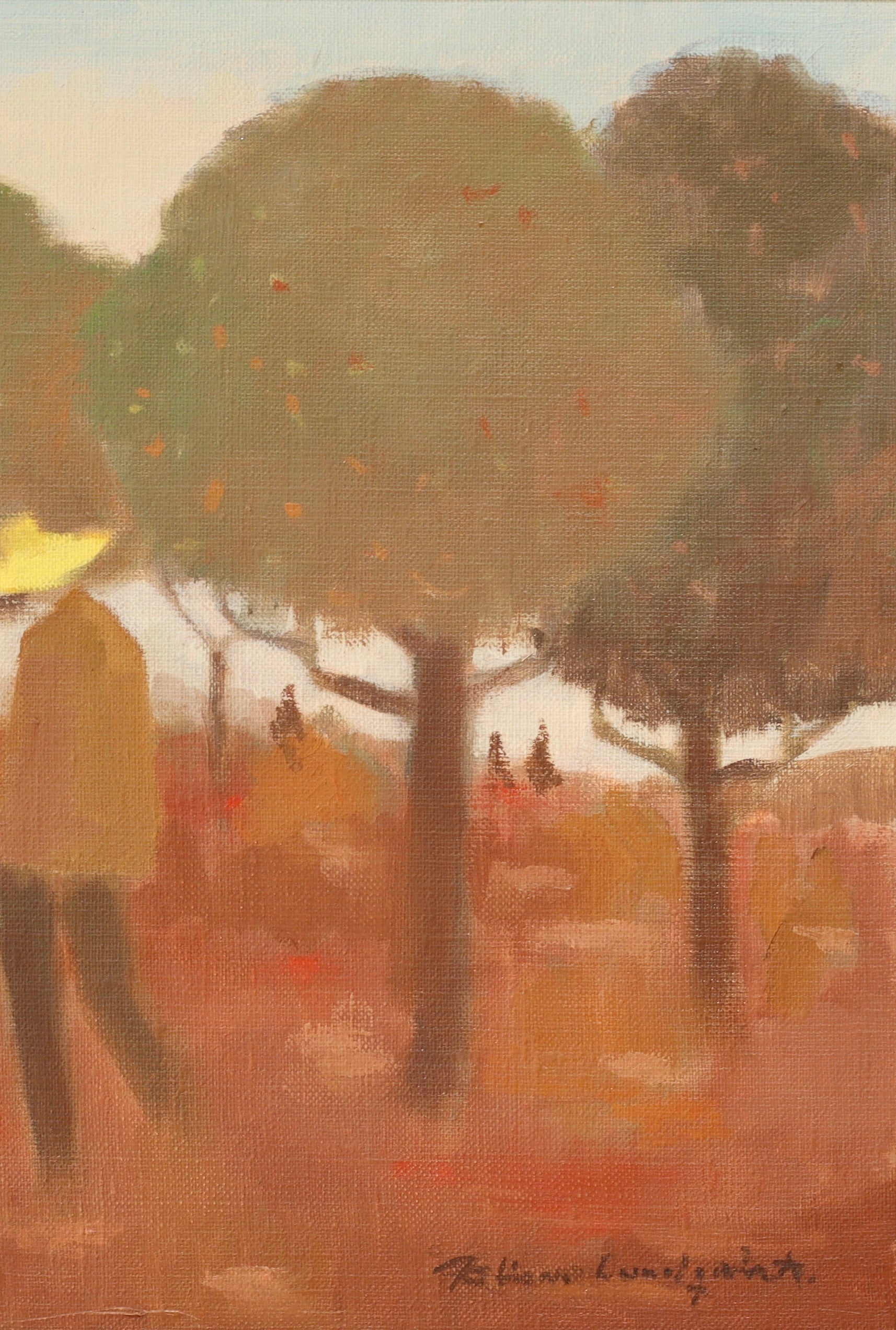 Mid Century Oil Painting of Fruit Pickers By Fabian Lundqvist From Sweden