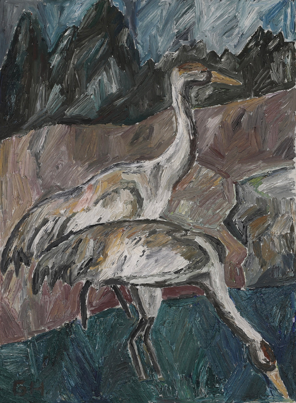 Vintage Art Original Oil Painting of Cranes From Sweden