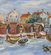 Mid Century Harbor Scene Original Vintage Oil Painting from Sweden