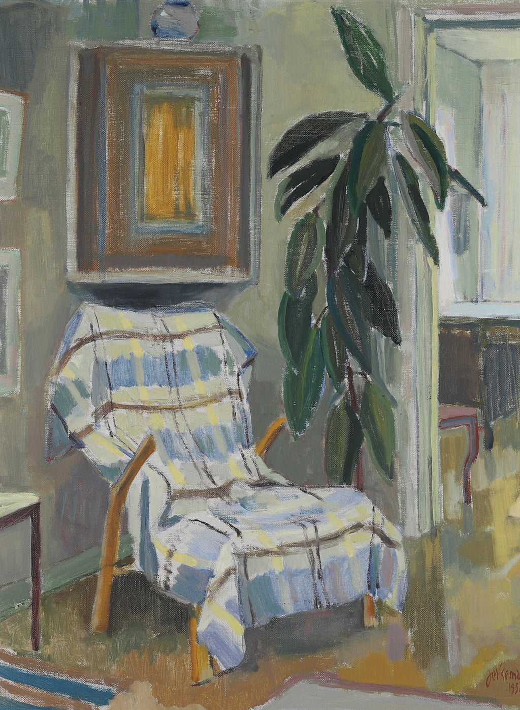 Mid Century Interior Oil Painting by I Jerkeman From Sweden