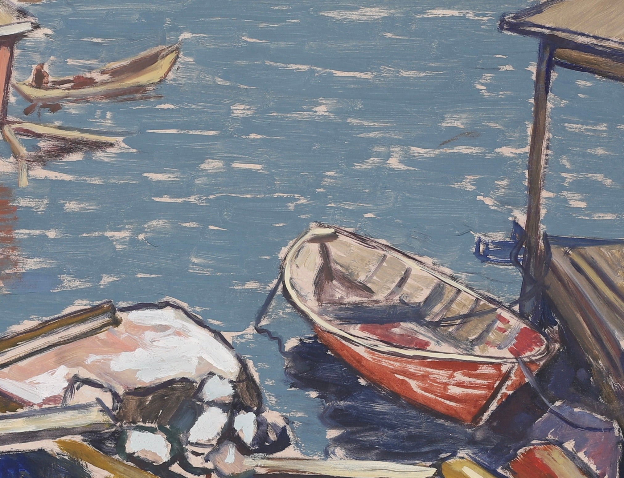 Mid Century Vintage Art Coastal Scene Oil Painting From Sweden