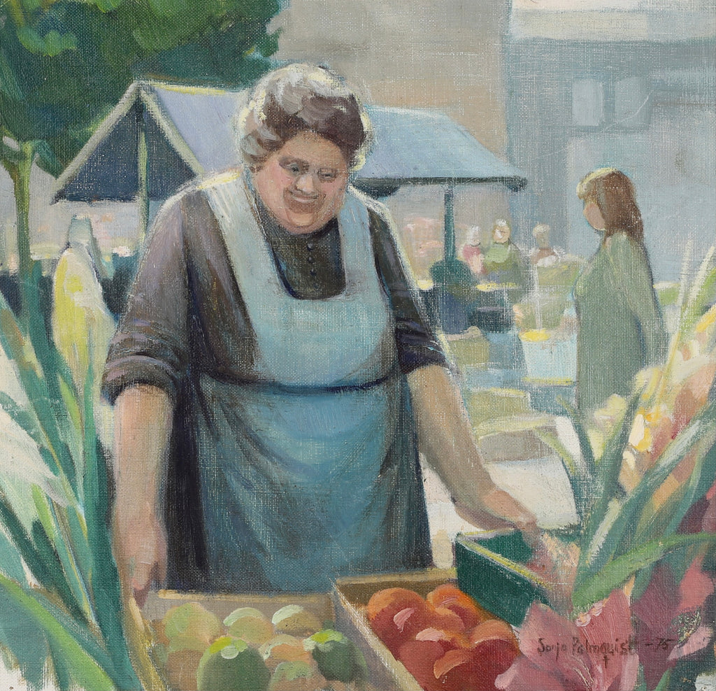 Vintage Portrait Oil Painting Woman in Outdoor Market from Sweden