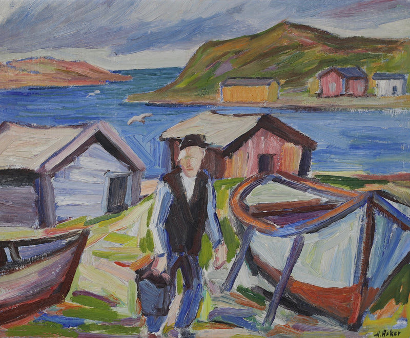 Original Fisherman Oil Painting Vintage Mid Century From Sweden