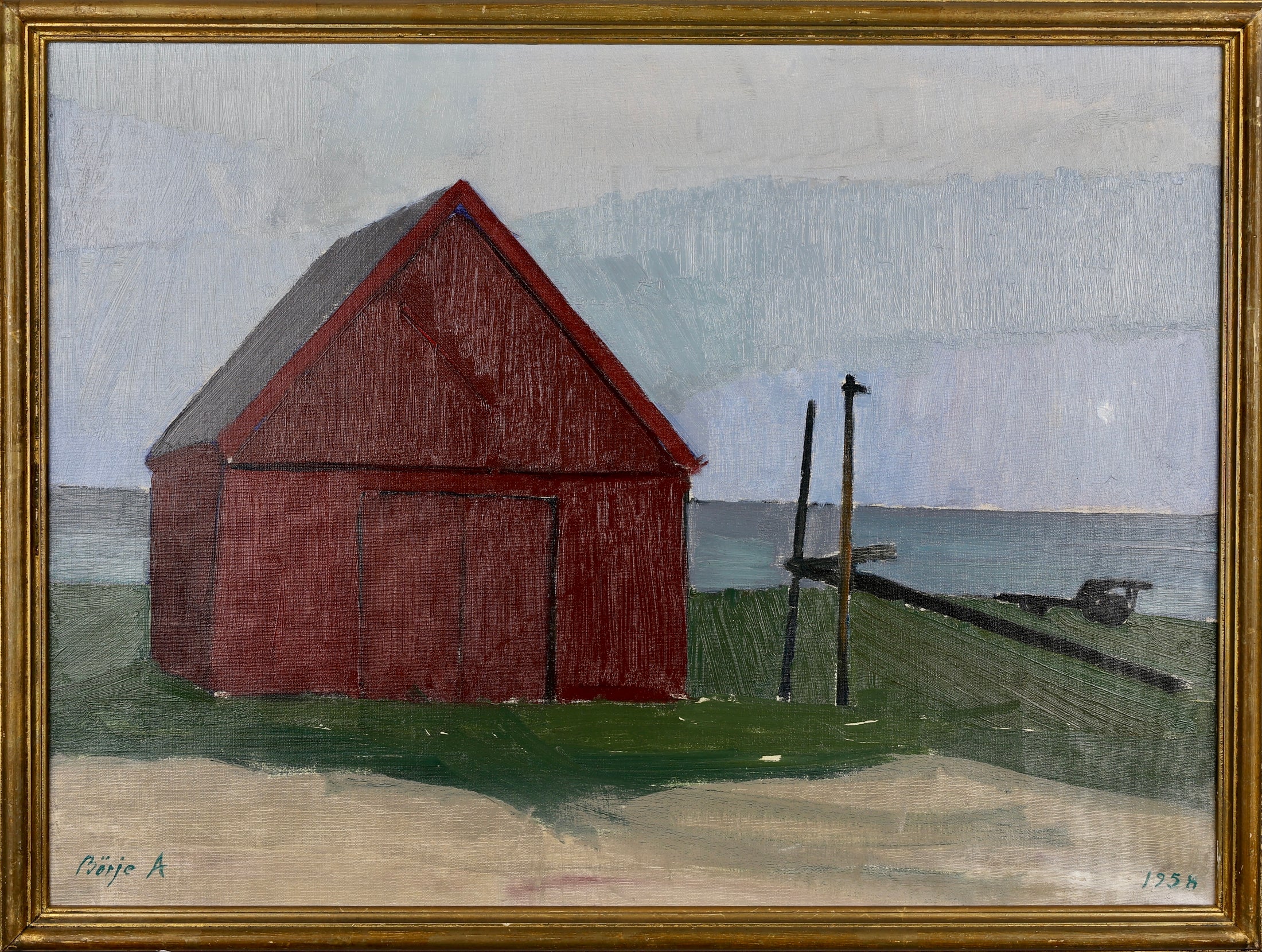 Original Vintage Art Room Mid Century Barn Oil Painting by Börje A from Sweden