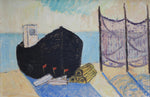 Mid Century Vintage Oil Painting Titled Black Boat From Sweden by Stig Kjellin