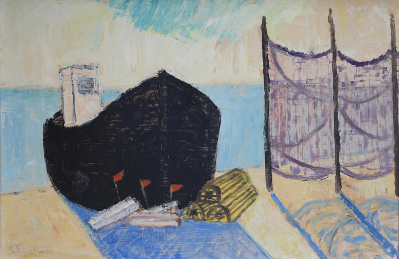 Mid Century Vintage Oil Painting Titled Black Boat From Sweden by Stig Kjellin