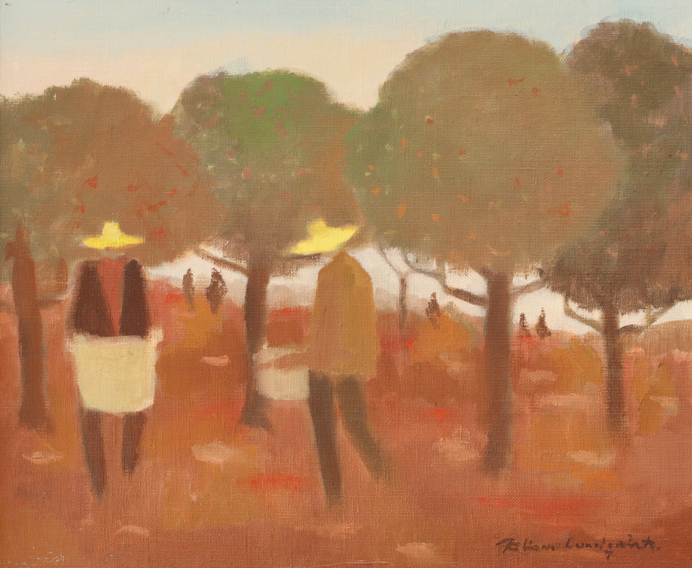 Mid Century Oil Painting of Fruit Pickers By Fabian Lundqvist From Sweden