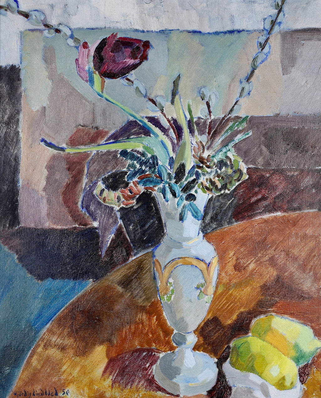 Mid Century Original Still Life Oil Painting By H Lindblad From Sweden 1950