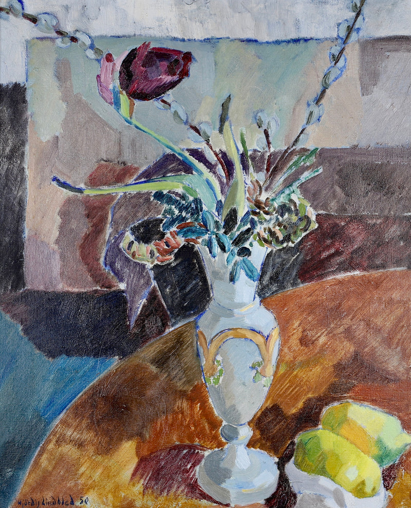 Mid Century Original Still Life Oil Painting By H Lindblad From Sweden 1950