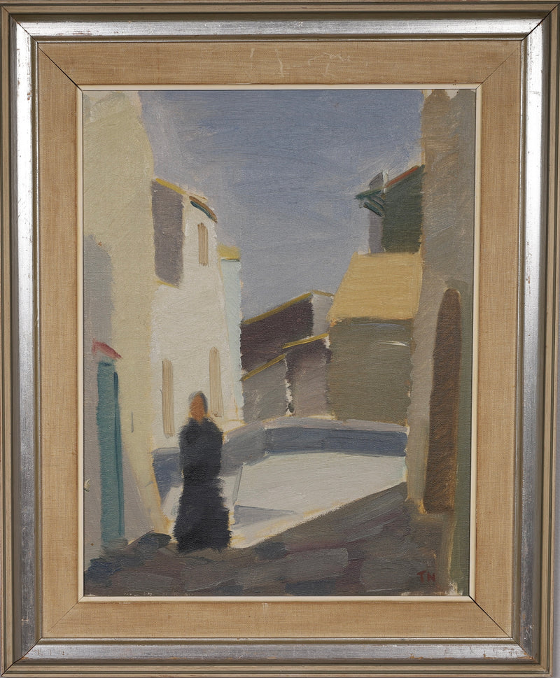 Vintage Cityscape Oil Painting by T Nilsson from Sweden