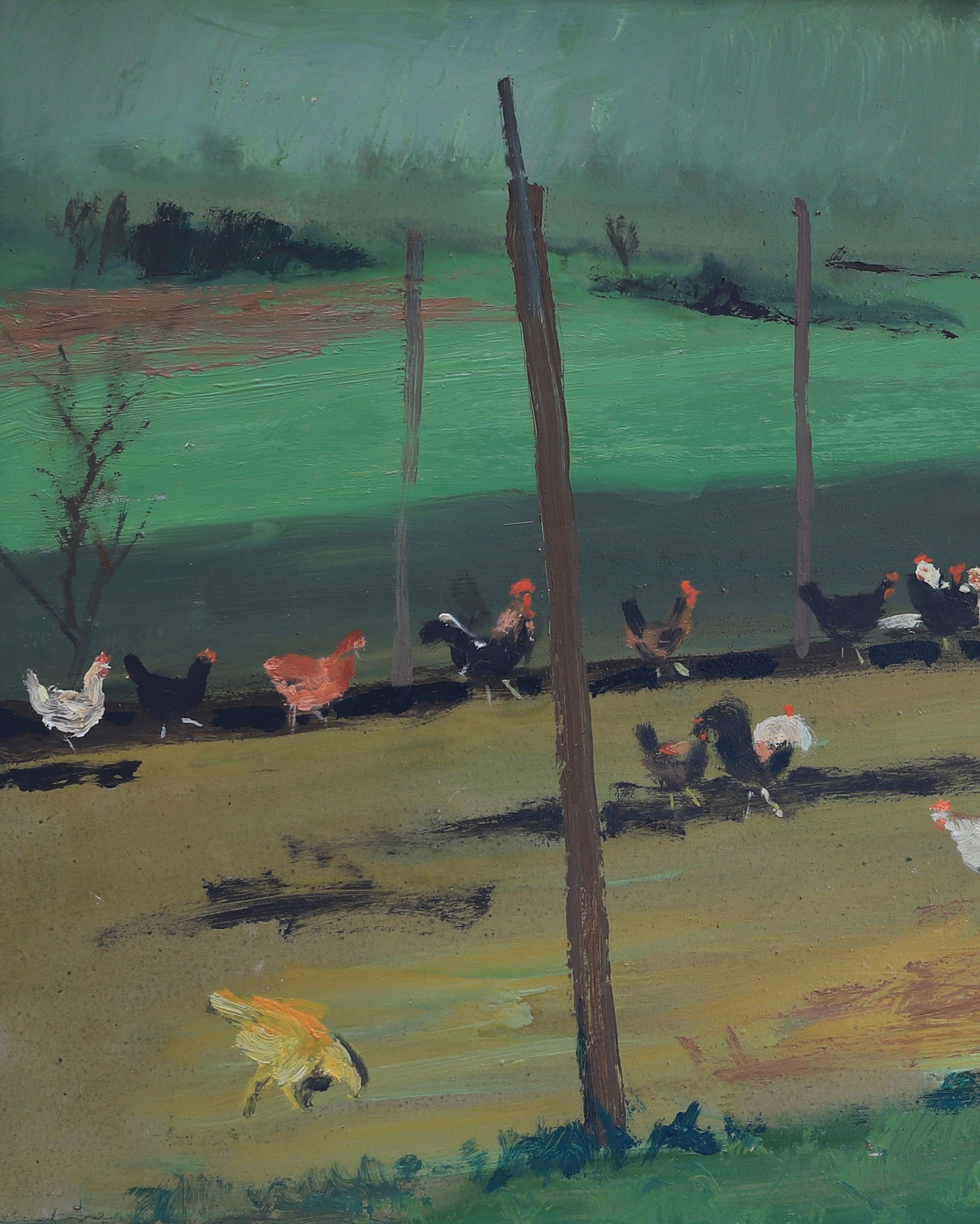 Vintage Original Chicken Coop Oil Painting from Sweden