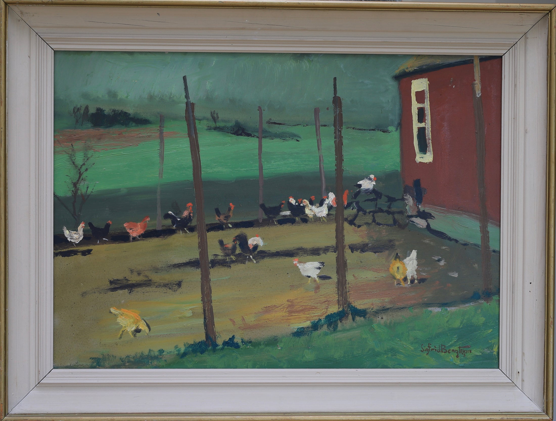 Vintage Original Chicken Coop Oil Painting from Sweden