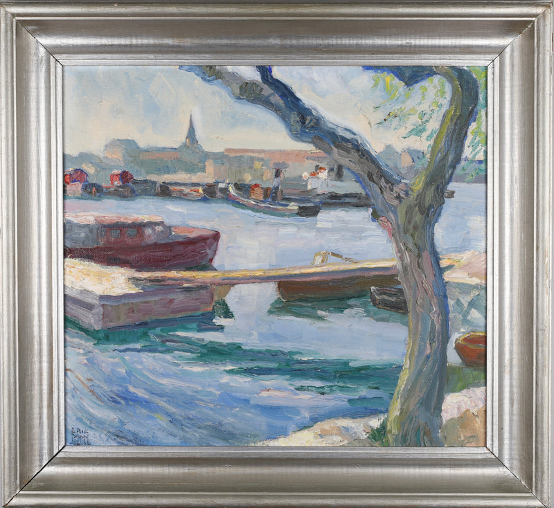 Vintage Mid Century Harbor Oil Painting from Sweden By E Lamm