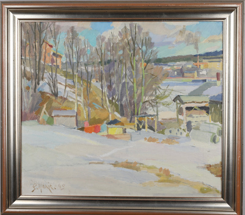Mid Century Winterscape Oil Painting By Henje Sweden