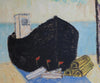 Mid Century Vintage Oil Painting Titled Black Boat From Sweden by Stig Kjellin