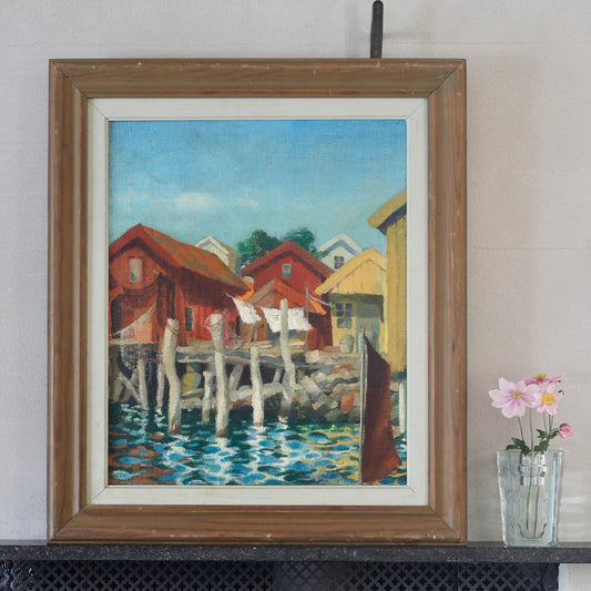 Mid Century Original Vintage Coastal Oil Painting From Sweden