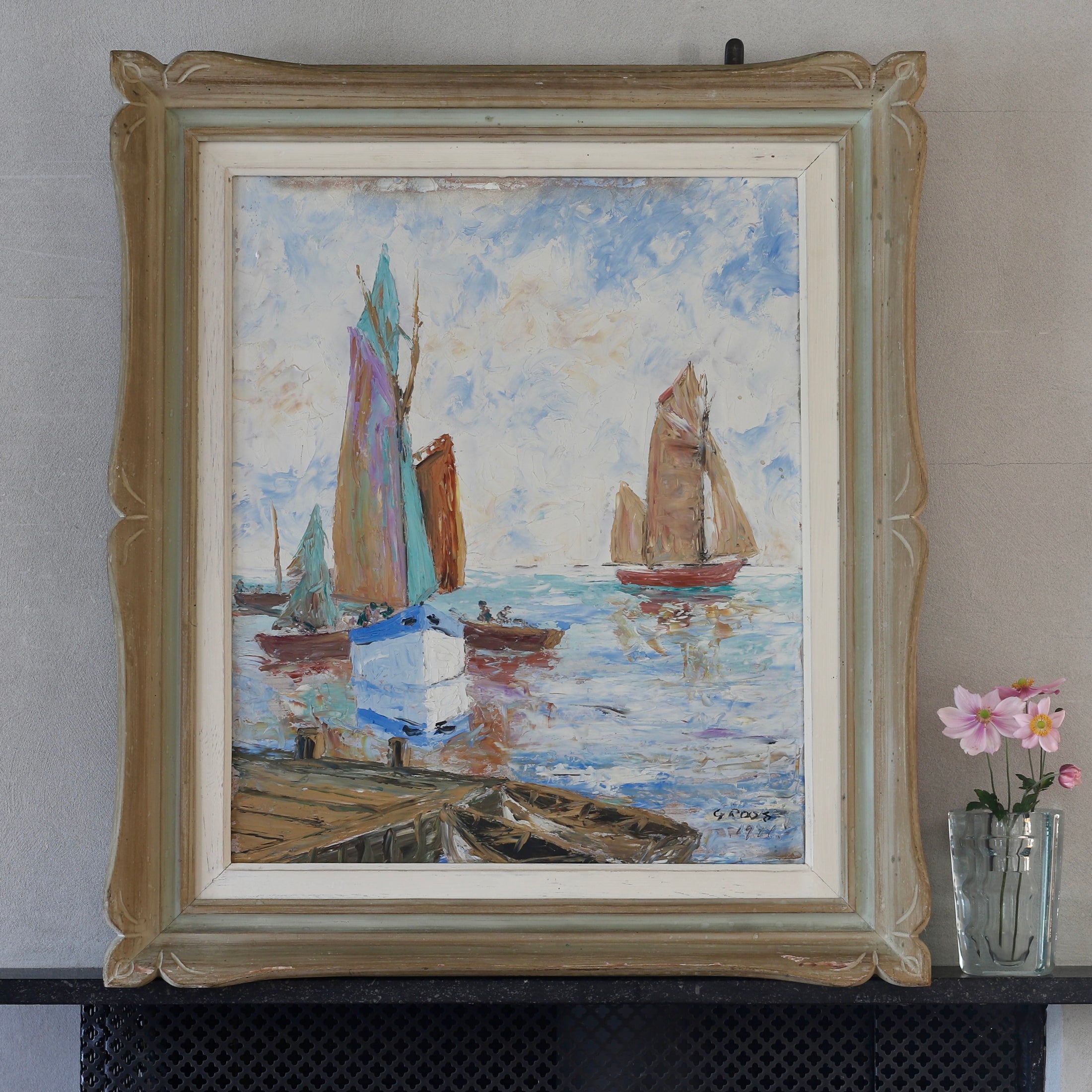 Mid Century Vintage Art Coastal Scene Oil Painting From Sweden