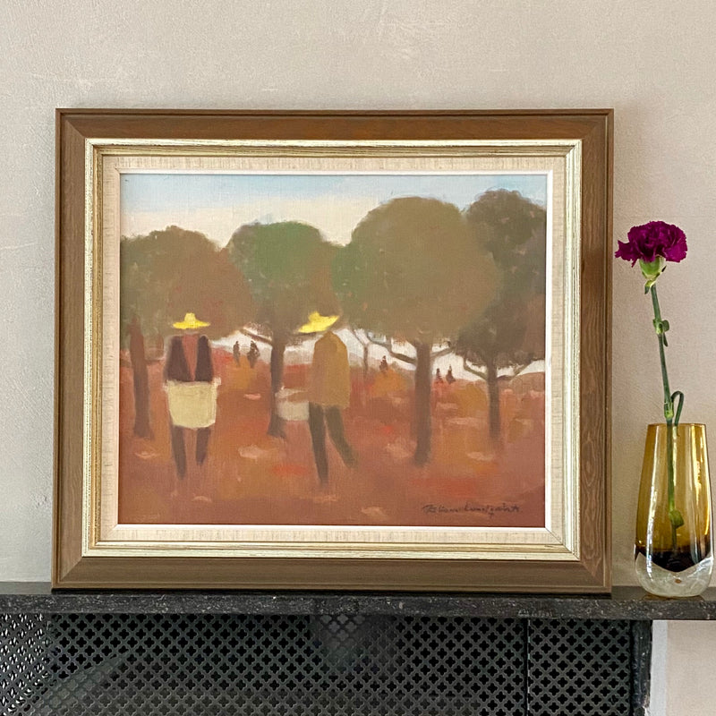 Mid Century Oil Painting of Fruit Pickers By Fabian Lundqvist From Sweden