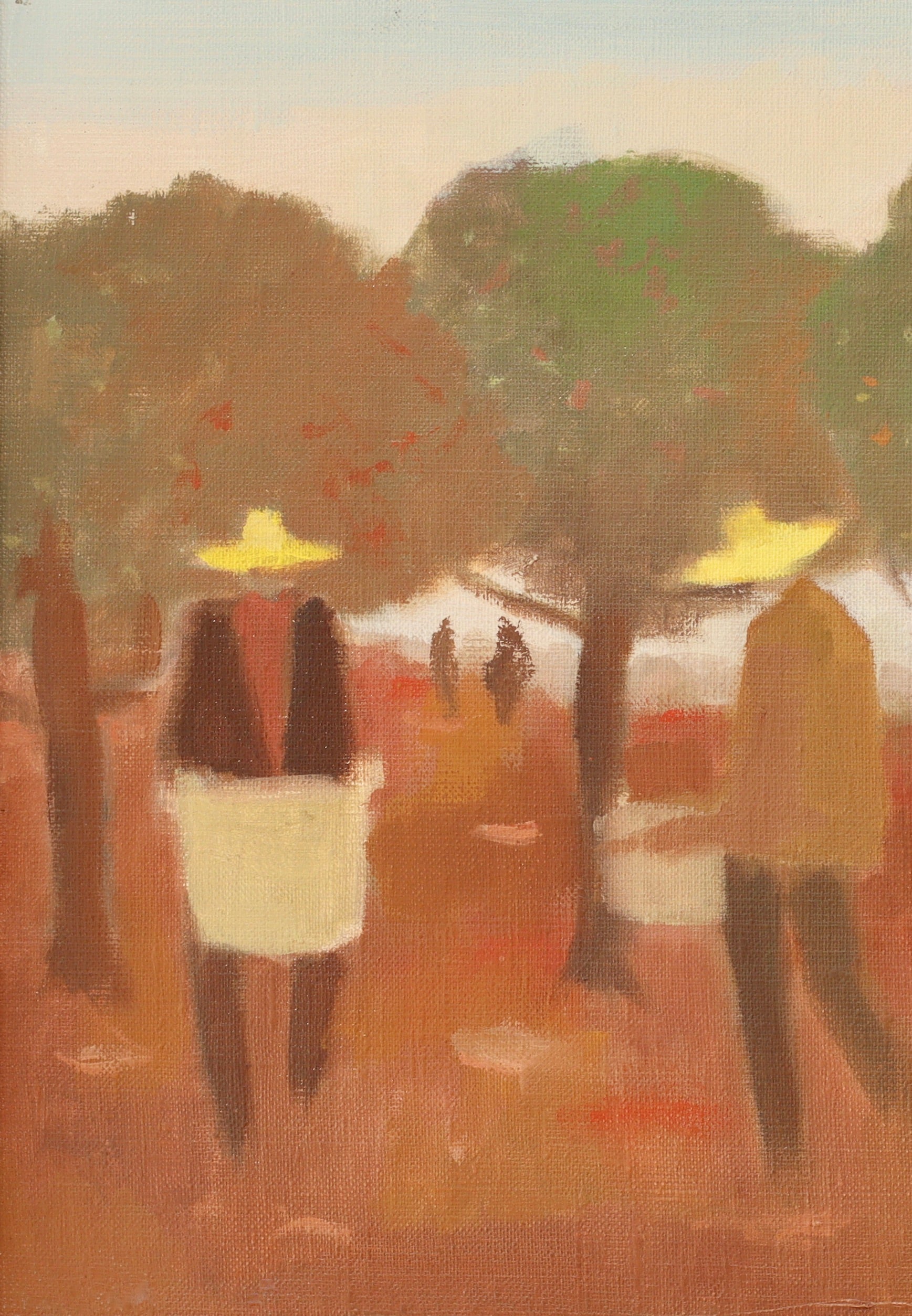 Mid Century Oil Painting of Fruit Pickers By Fabian Lundqvist From Sweden