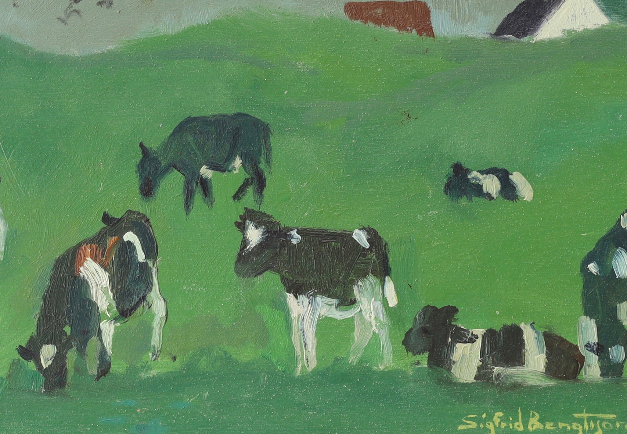 Mid Century Oil Painting Calves Sweden