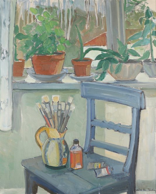 Mid Century Artist Studio Interior Oil Painting From Sweden