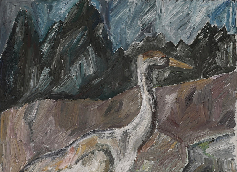 Vintage Art Original Oil Painting of Cranes From Sweden