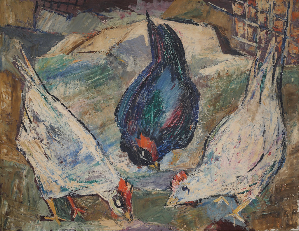 Mid Century Chicken Oil Painting From Sweden