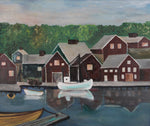 Mid Century Oil Painting from Sweden of a Traditional Harbor