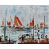 Mid Century Original Fine Art Oil Painting of Boats in Harbor