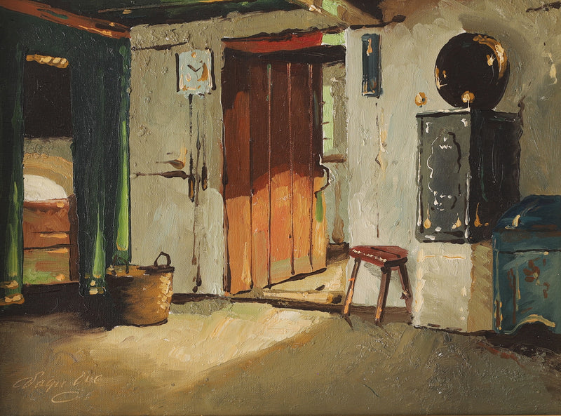 Mid Century Interior Oil Painting From Sweden By VO Schnach