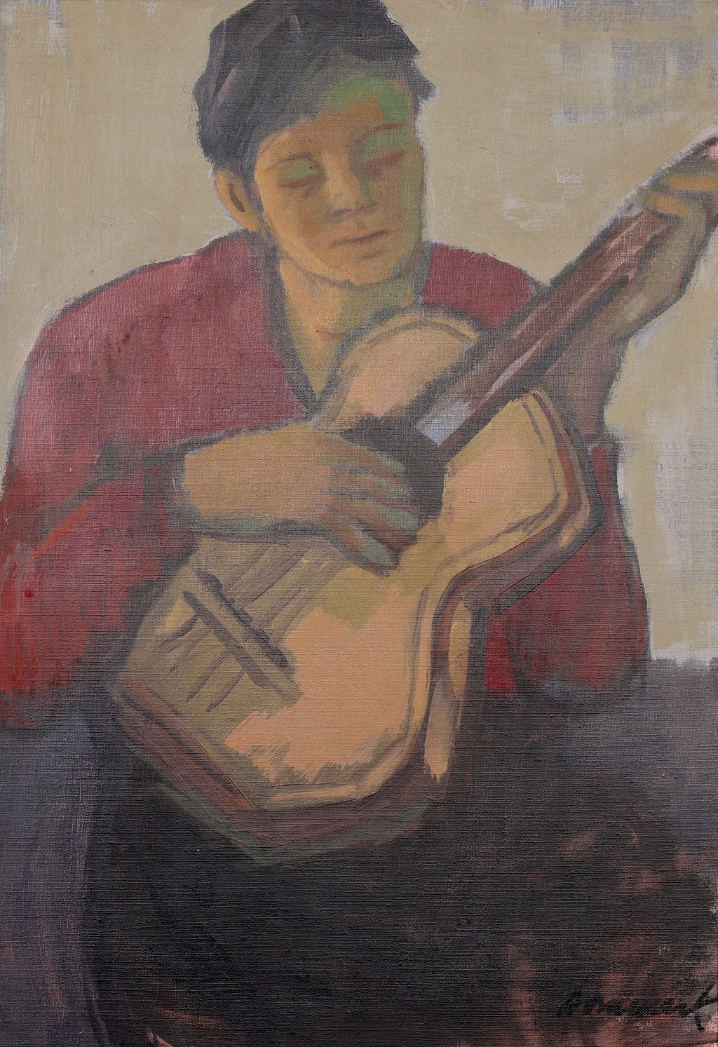 Mid Century Original Portrait -The Guitar Player- Oil Painting From Sweden