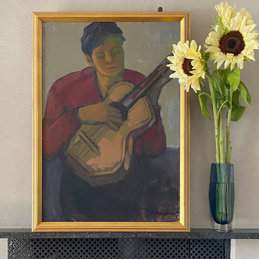Mid Century Original Portrait -The Guitar Player- Oil Painting From Sweden