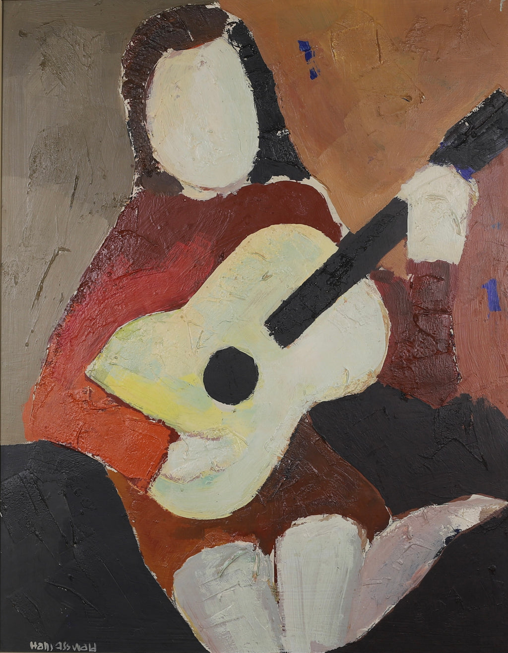 Mid Century Original Portrait -The Guitar Player- Oil Painting From Sweden