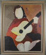 Mid Century Original Portrait -The Guitar Player- Oil Painting From Sweden