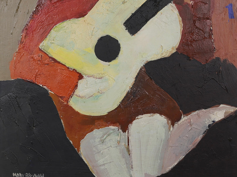 Mid Century Original Portrait -The Guitar Player- Oil Painting From Sweden