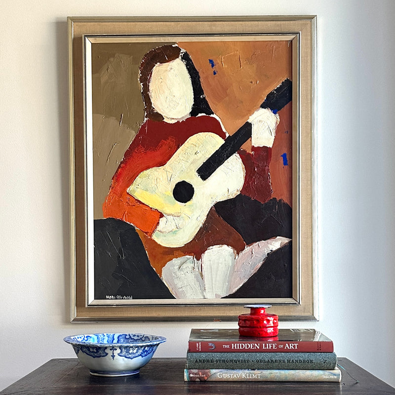 Mid Century Original Portrait -The Guitar Player- Oil Painting From Sweden