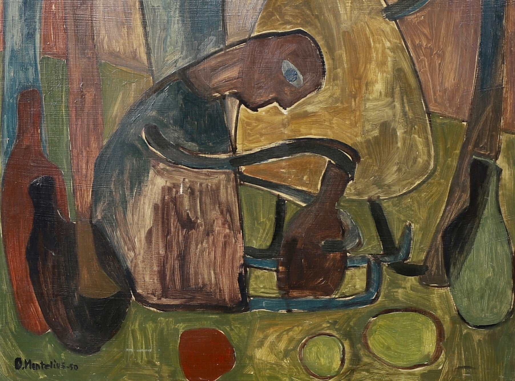 Mid Century Original Landscape with Figures Oil Painting from Sweden 1950