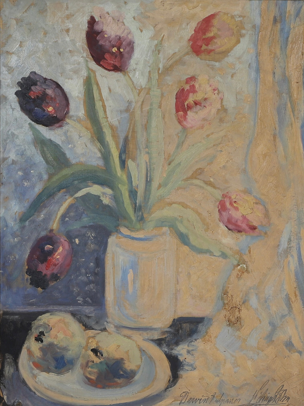 Mid Century Original Still Life Oil Painting of Tulips From Sweden