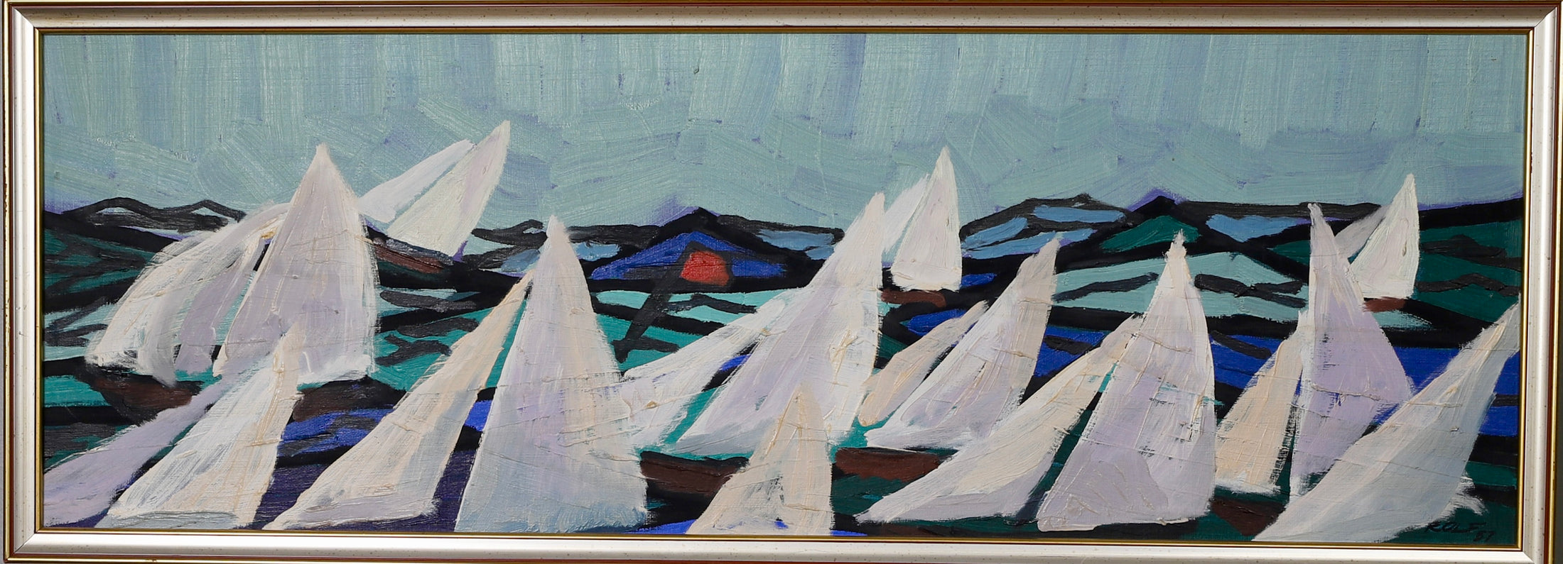 Mid Century Original Sailboat Oil Painting From Sweden 1957