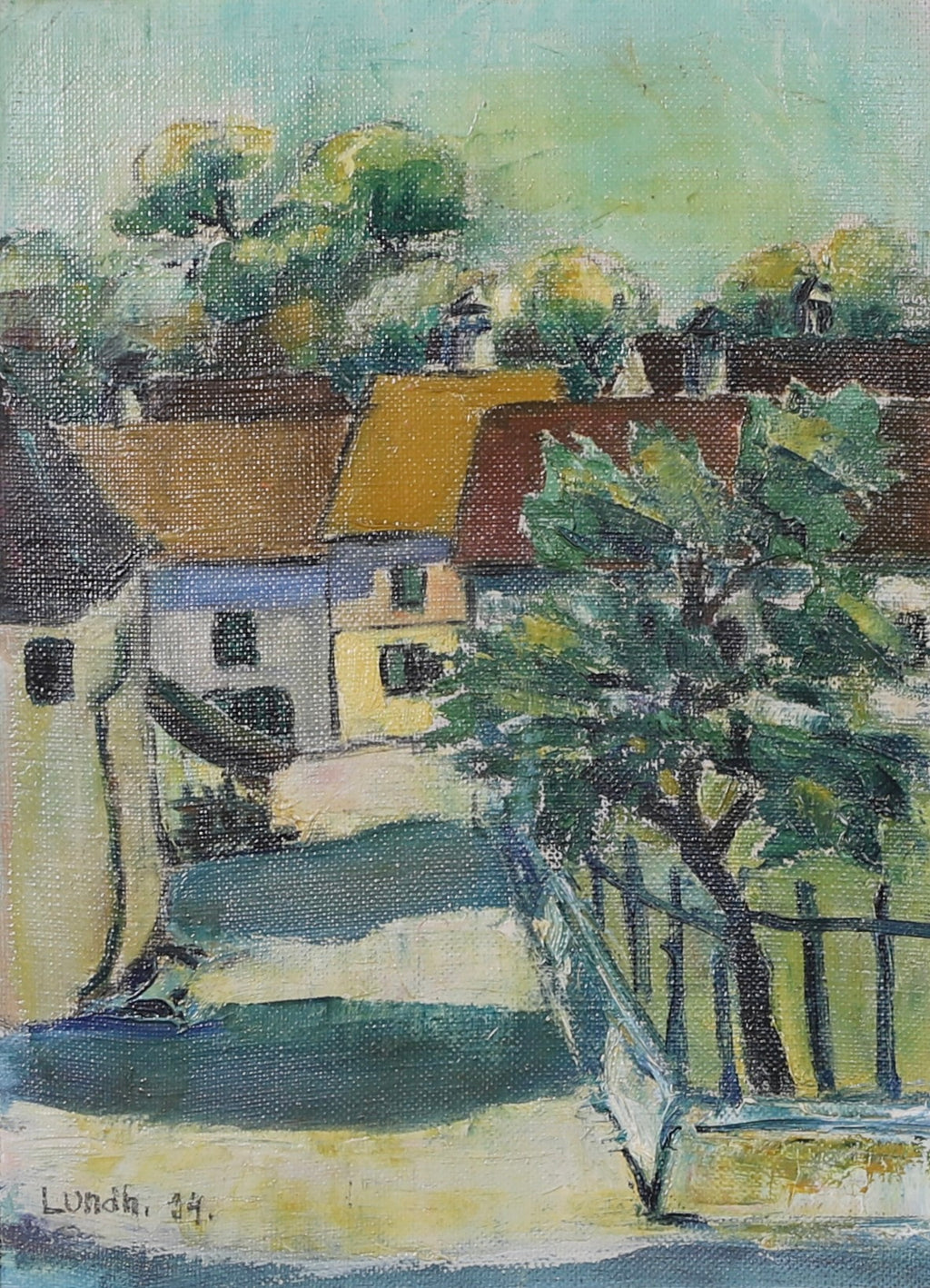 Vintage Village Oil Painting Dated 1934 from Sweden